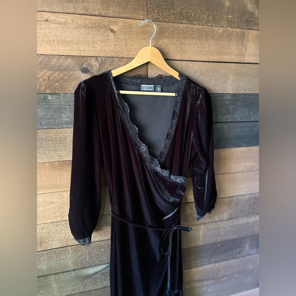 Vintage Black Velvet Wrap Dress Lace Trim Midi Apt. 9 Made USA Size M - Picture 6 of 6